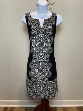 White House Black Market Black & White Boho Beaded Sleeveless Dress Size M